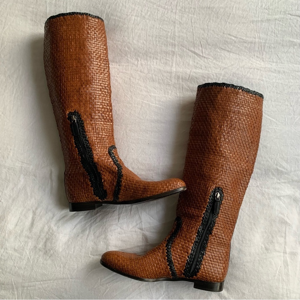 Vintage Prada Woven Leather Riding Knee High Pointy Toe Boots Brown Tan Black - Picture 4 of 10